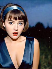 A brunette woman in 1950s fashion stands surprised amidst twilight orchard trees