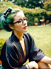 Petite 45 year old woman with slicked hair poses in a lush garden afternoons