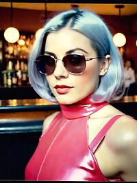 A sultry grey haired woman in 1960s attire sips at a bar amidst dim dusk lighting