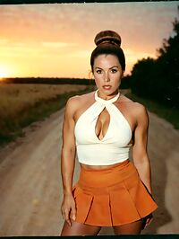 A sultry athletic woman in 70s style poses on a dusty rural road at sunset