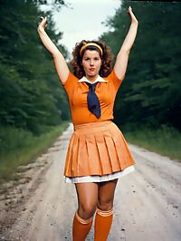 A 41 year old woman wears 50s style outfit on a wooded road at sunset