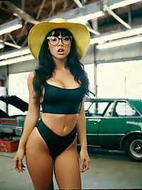 Mid 80s style woman in black swimsuit has a surprised face in mechanic garage