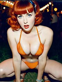 A sultry 1950s siren in an orange bikini captivating the twilight air at a vintage carnival
