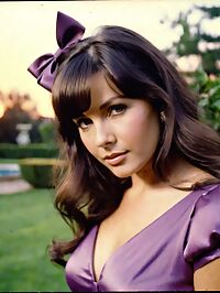 Woman in 1970s fashion exudes enchantment amidst the sunset lit garden