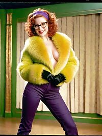 Athletic woman with ginger hair poses elegantly in Art Deco theater