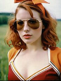 In the misty dawn of the meadow she stands tall in scarlet cheerleader uniform