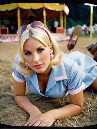A dishwater blonde woman in 1960s attire poses seductively at dawn