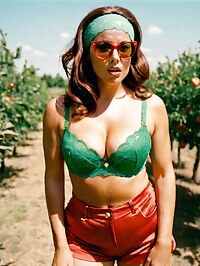 A stunning brunette in 1960s fashion lounges playfully in an orchard on a sunny day