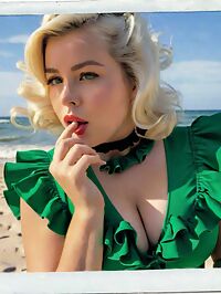 A plump platinum blonde bombshell in vintage swimwear sizzles on the sunrise beach