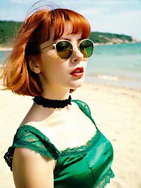 A sultry redhead in retro swimsuits poses on sun kissed beach sands