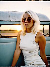 A blonde woman in 1970s attire stands provocatively at sunset inside a vintage van