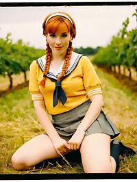 Woman in vintage 1960s attire braided hair shines under twilight in an orchard